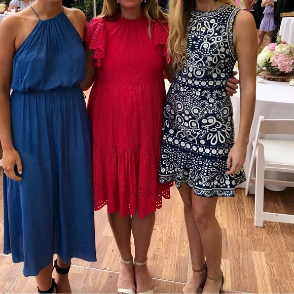 Alice + Olivia denim blue and white midi dress